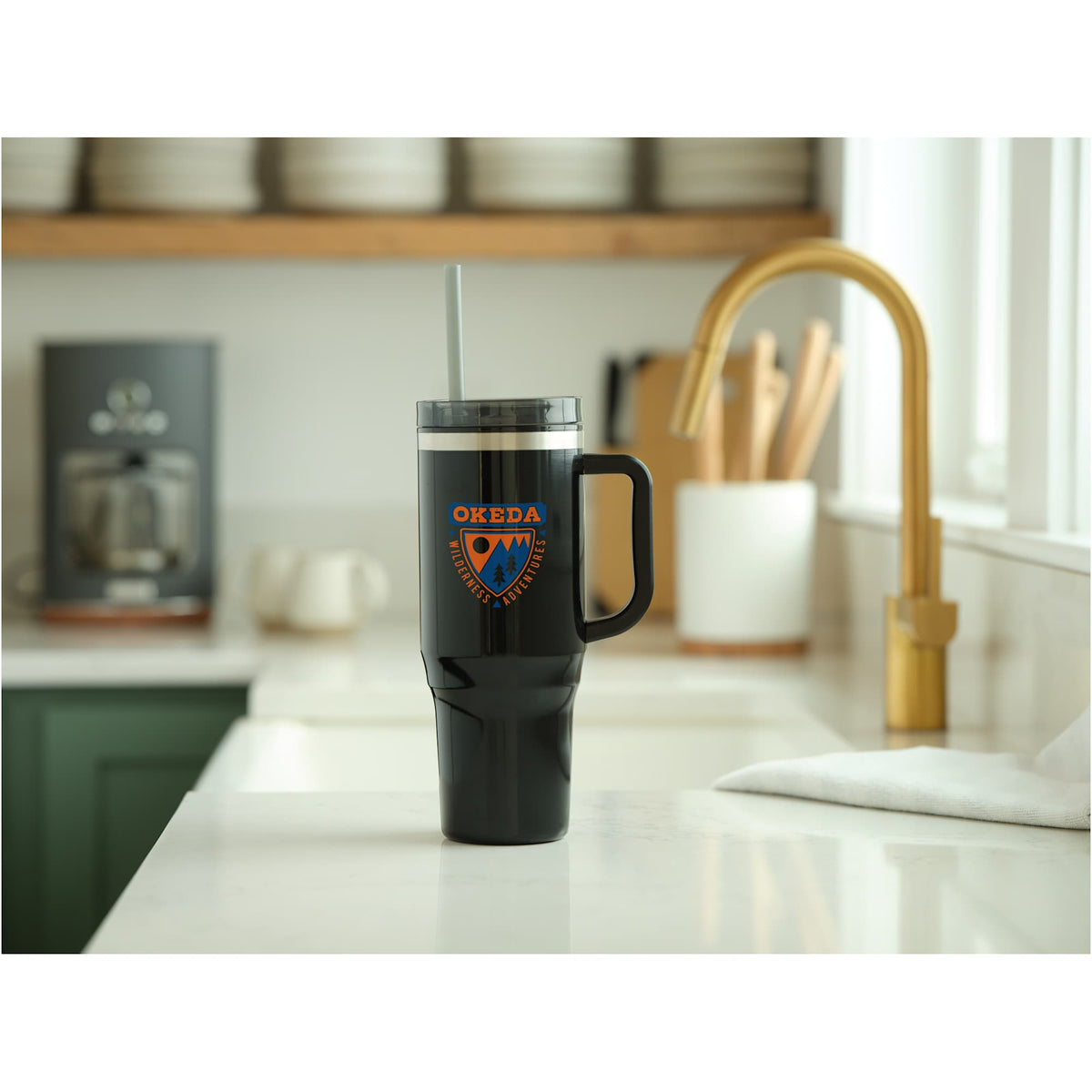 Thor Straw Tumbler with Handle, 40 oz - Black - Left Side