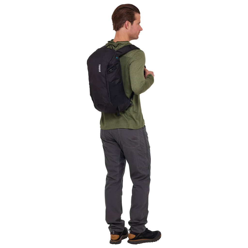 Thule All Trail Recycled Daypack with Rain Cover, 18L Embroidery - Black - Right Angle On Model