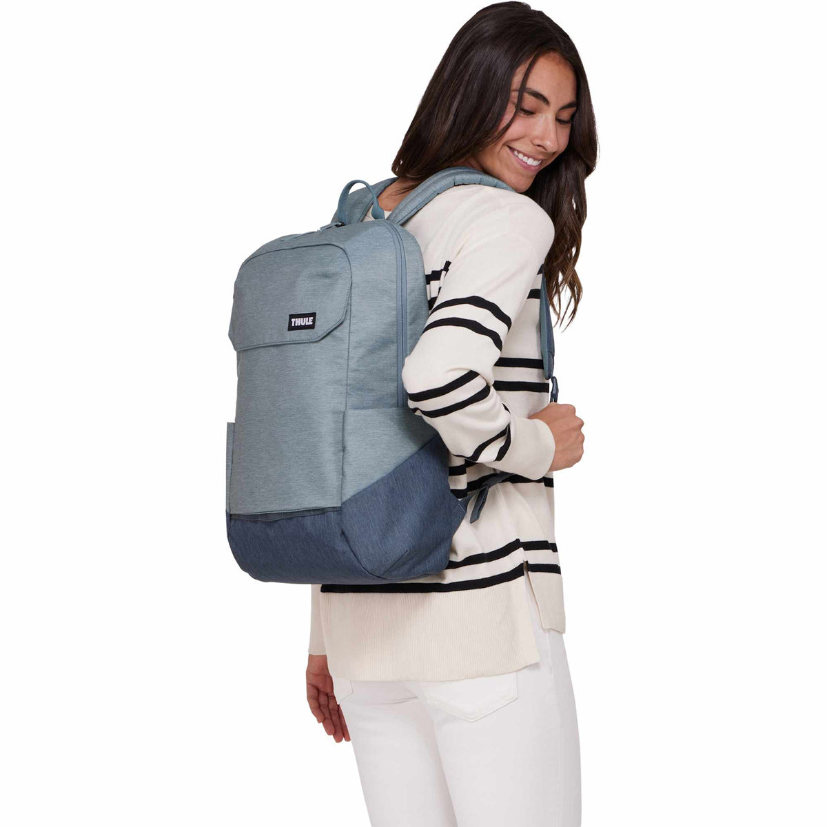 Thule Lithos Laptop Backpack, 20L Transfer - Pond Gray/Dark Slate - Left Angle On Model