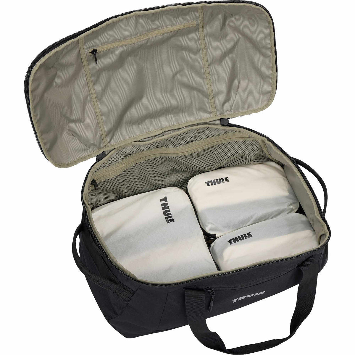 Thule Lumion Duffel Bag in Recycled Polyester, 40L Embroidery - Black - Right Angle Open 3