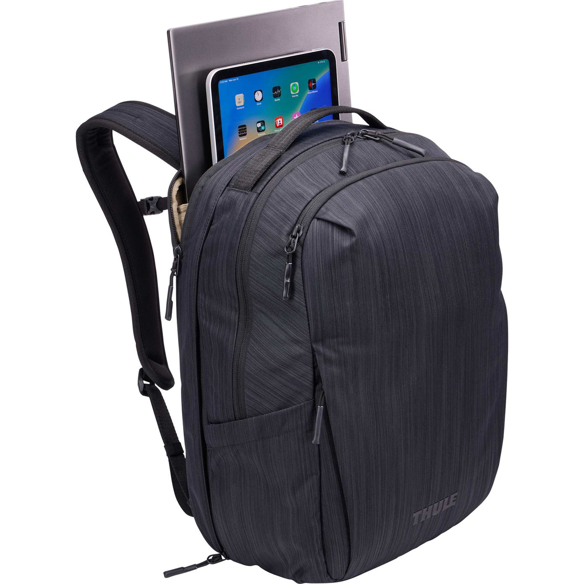 Thule Stravan Recycled Expandable Backpack, 17 Inch Embroidery - Gray - Right Angle Propped
