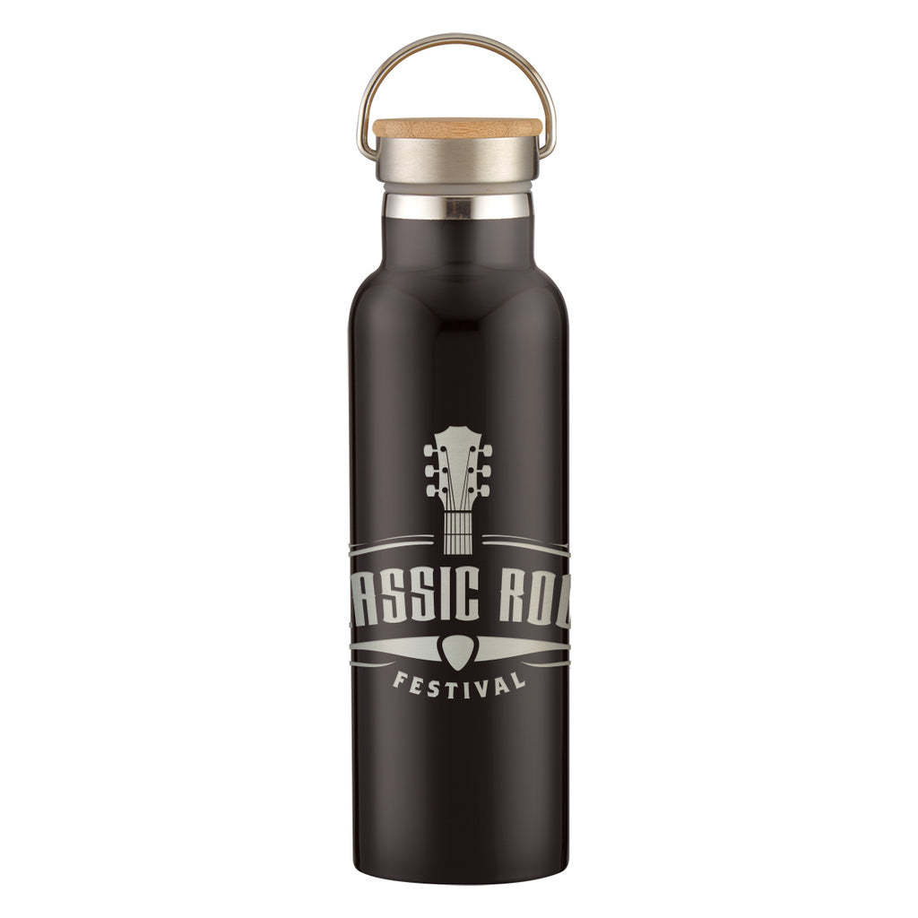 Tipton Stainless Steel Bottle with Bamboo Lid, Laser Engraved, 21 oz - Black - Laser Engraving