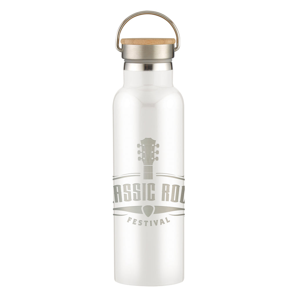 Tipton Stainless Steel Bottle with Bamboo Lid, Laser Engraved, 21 oz - White - Laser
