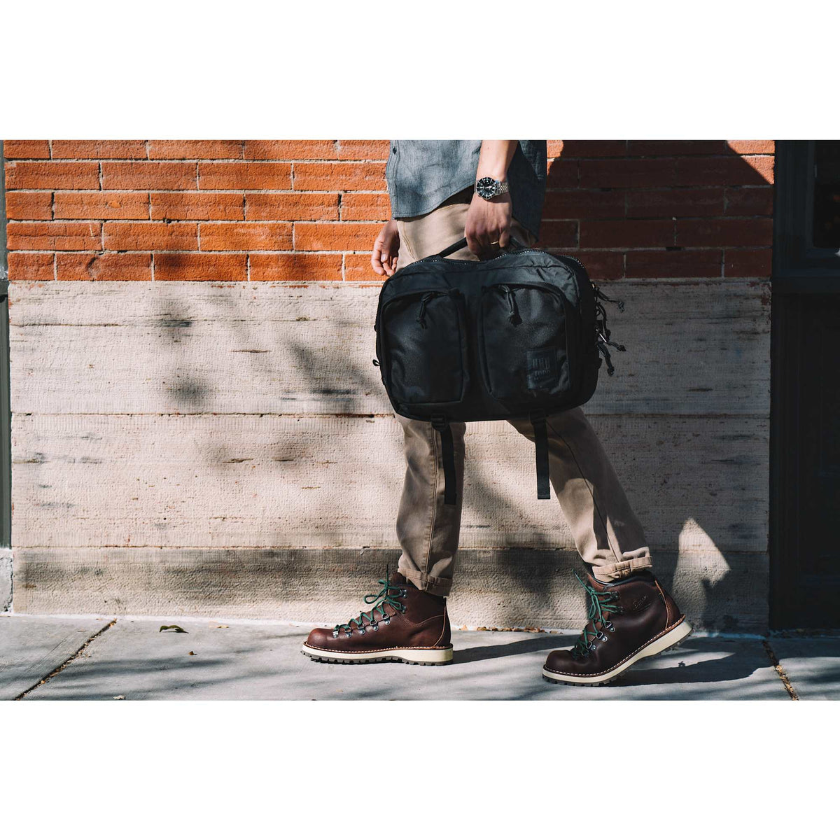 Topo Designs Global Briefcase with Backpack Straps Embroidery - Black - Front Lifestyle