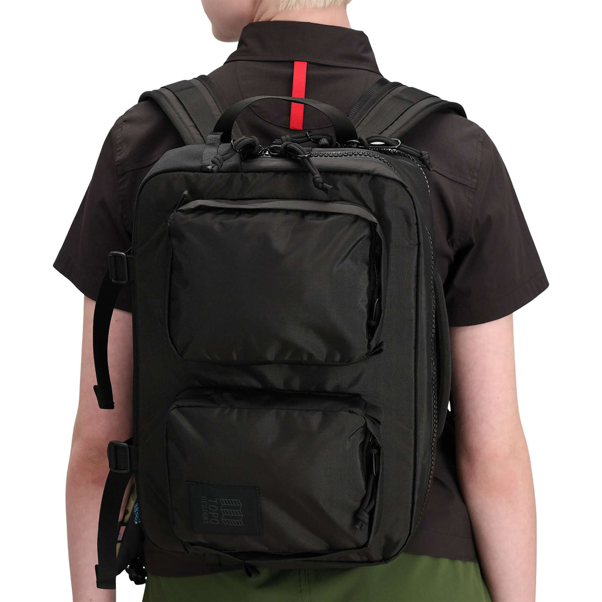 Topo Designs Global Briefcase with Backpack Straps Embroidery - Black - Front On Model 2