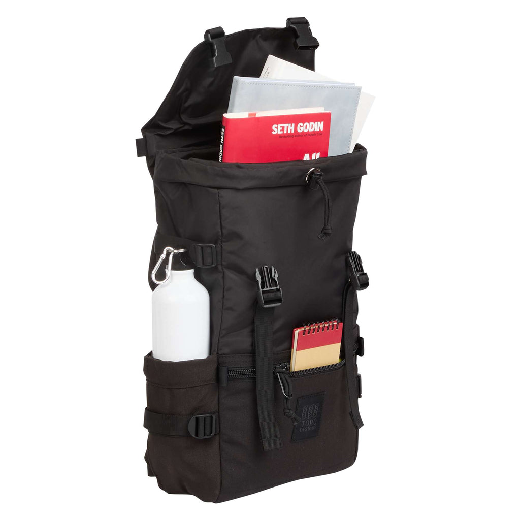 Topo Designs Rover Pack Classic in Recycled Nylon, 15 Inch Transfer - Black - Propped