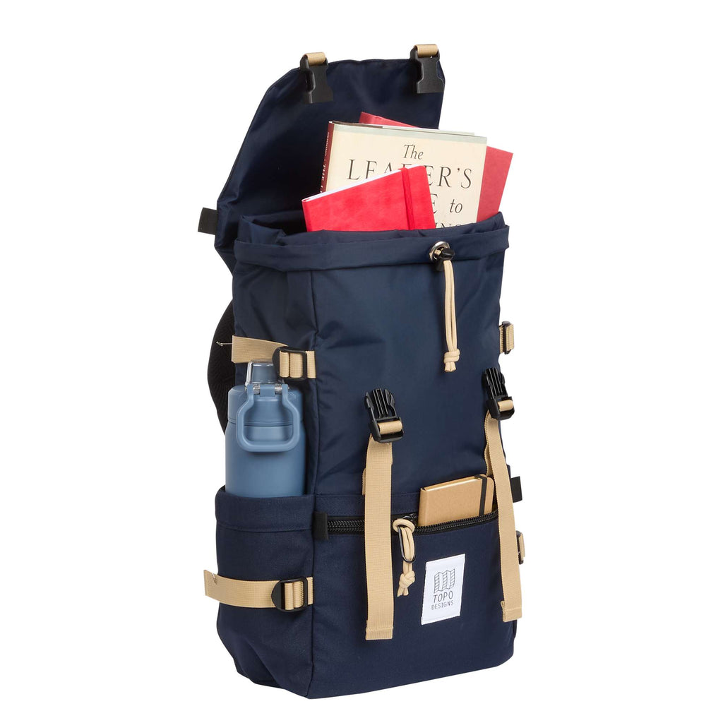 Topo Designs Rover Pack Classic in Recycled Nylon, 15 Inch Transfer - Navy - Propped