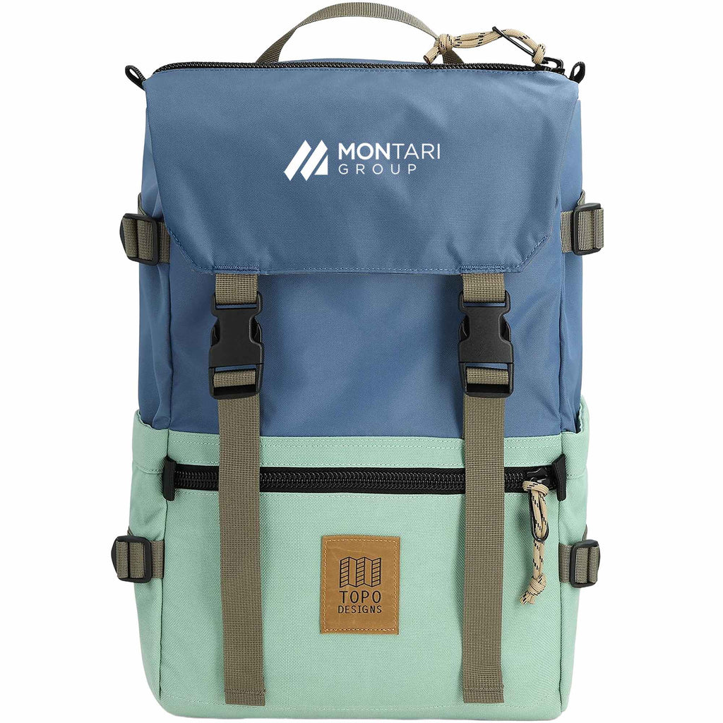 Topo Designs Rover Pack Classic in Recycled Nylon, 15 Inch Transfer - Stone Blue/Ash Green - Front