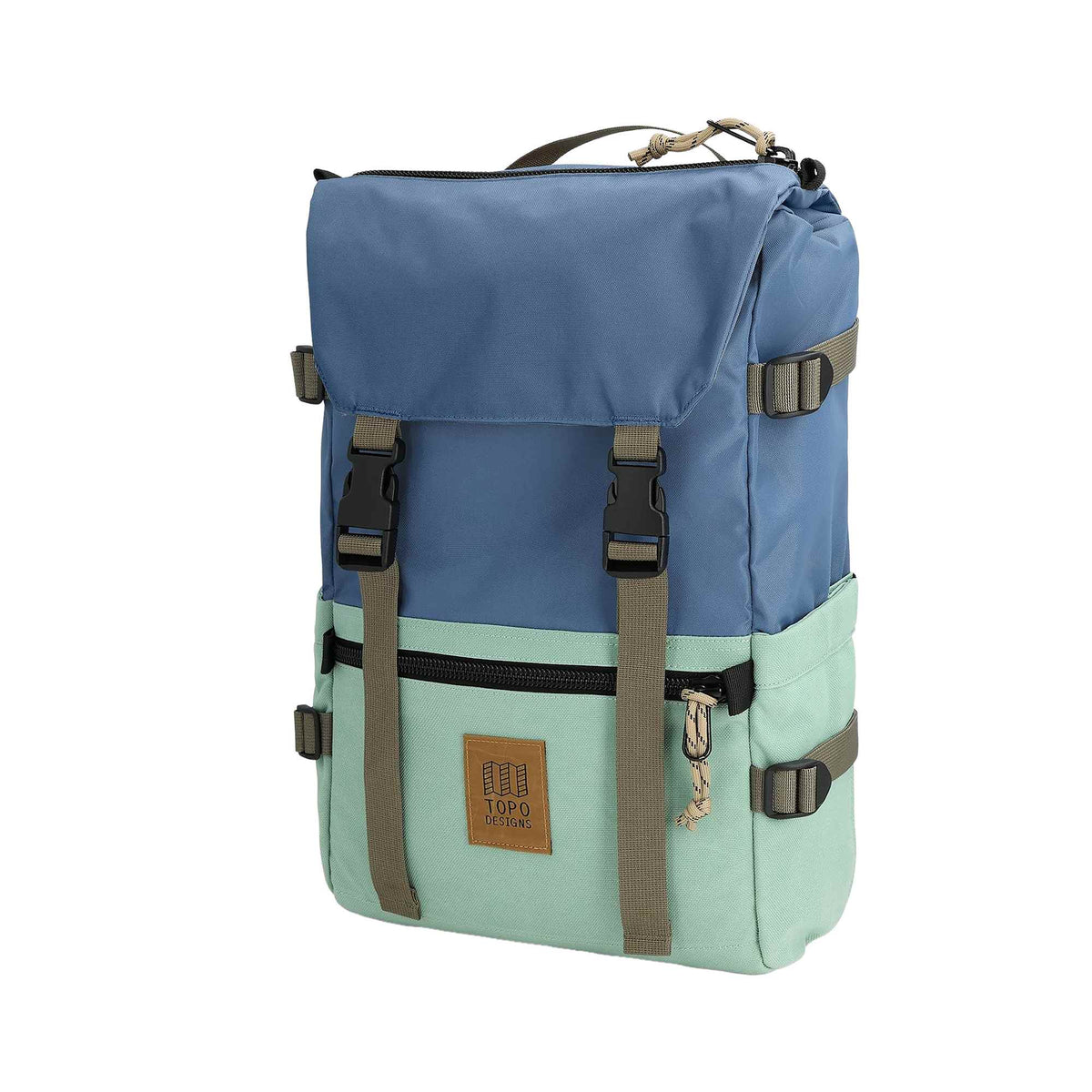 Topo Designs Rover Pack Classic in Recycled Nylon, 15 Inch Transfer - Stone Blue/Ash Green - Left Angle