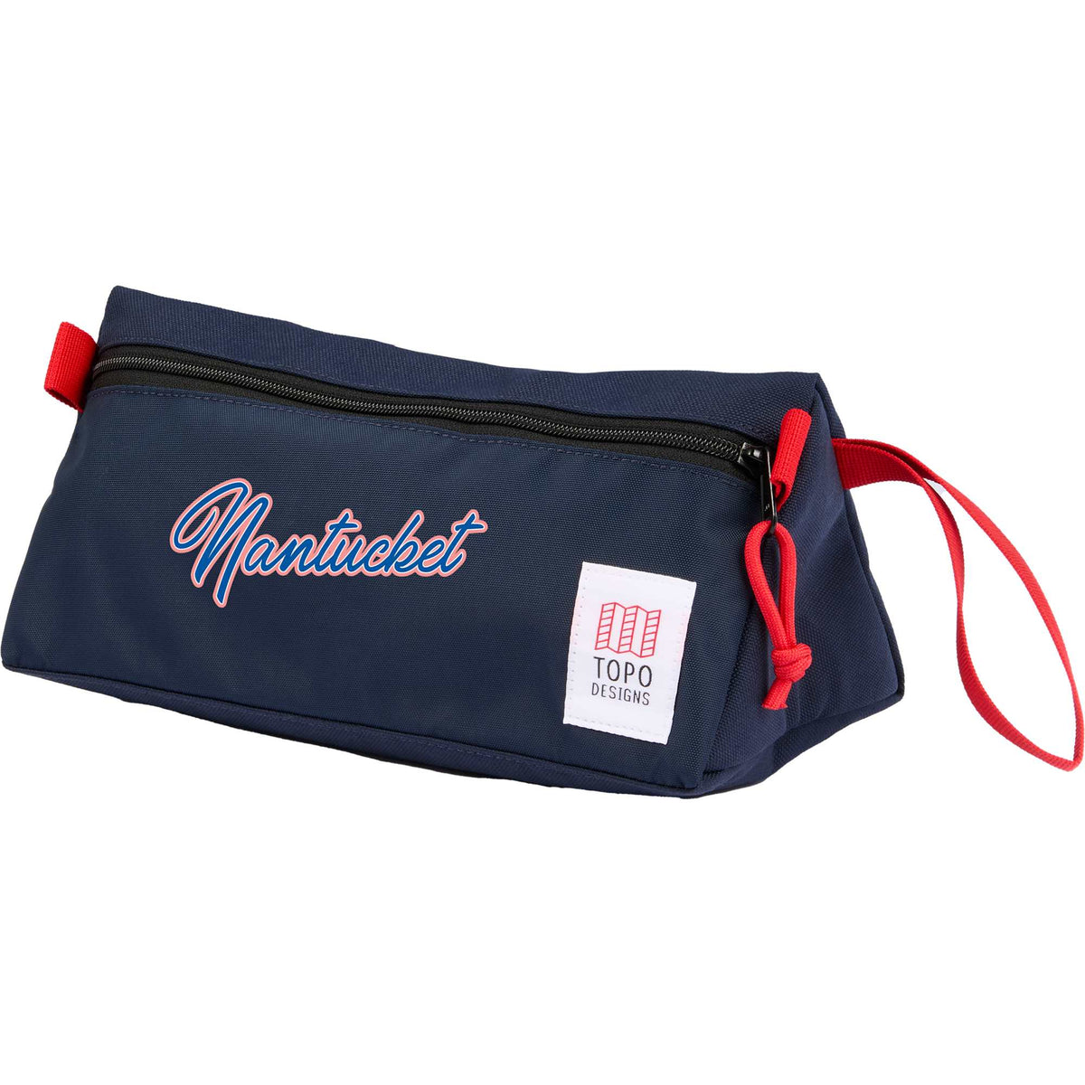 Topo Designs Triangle Dopp Kit in Recycled Nylon, 3 L Embroidery - Navy - Left Angle