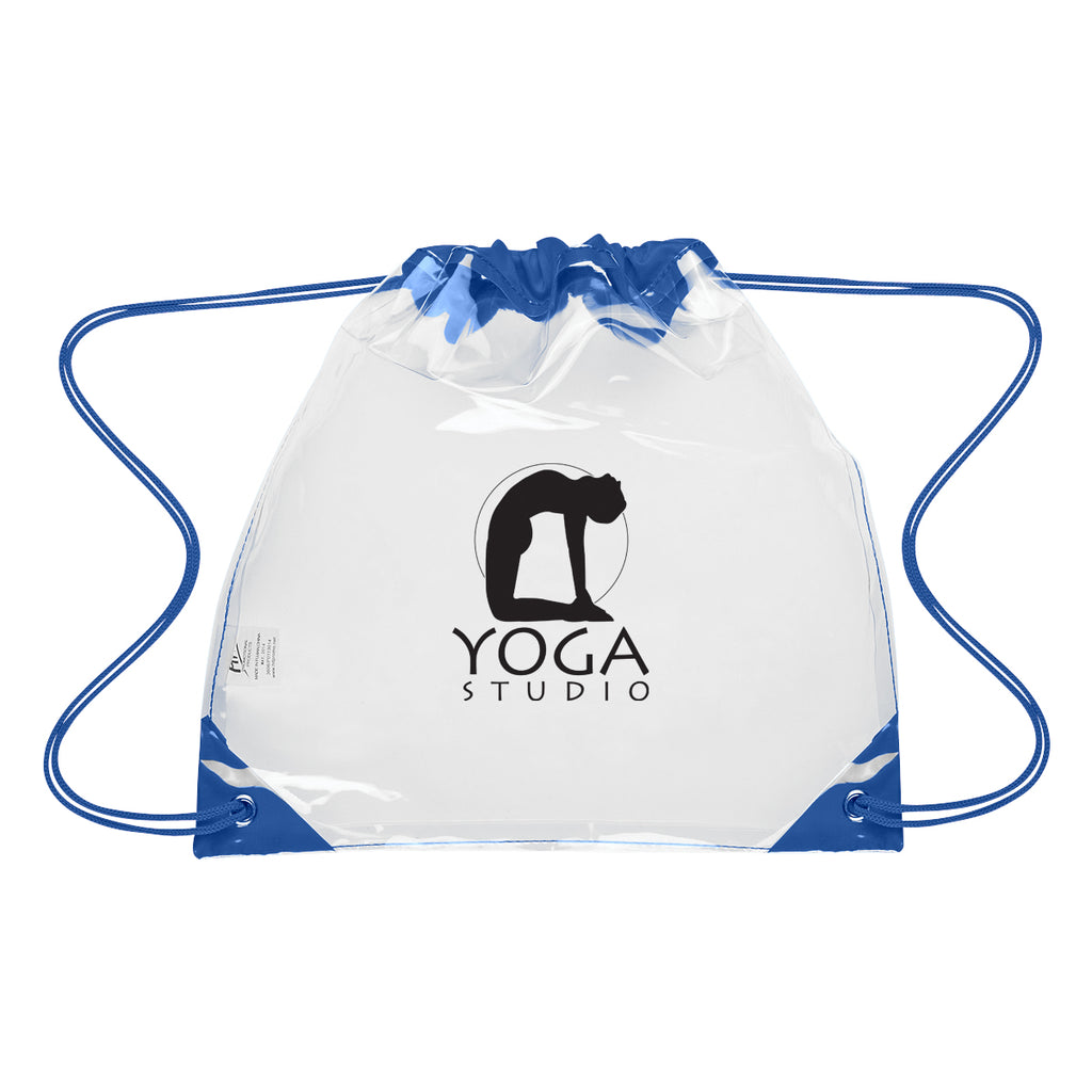 Touchdown Drawstring Backpack in Clear EVA - Clear With Royal - Silk Screen