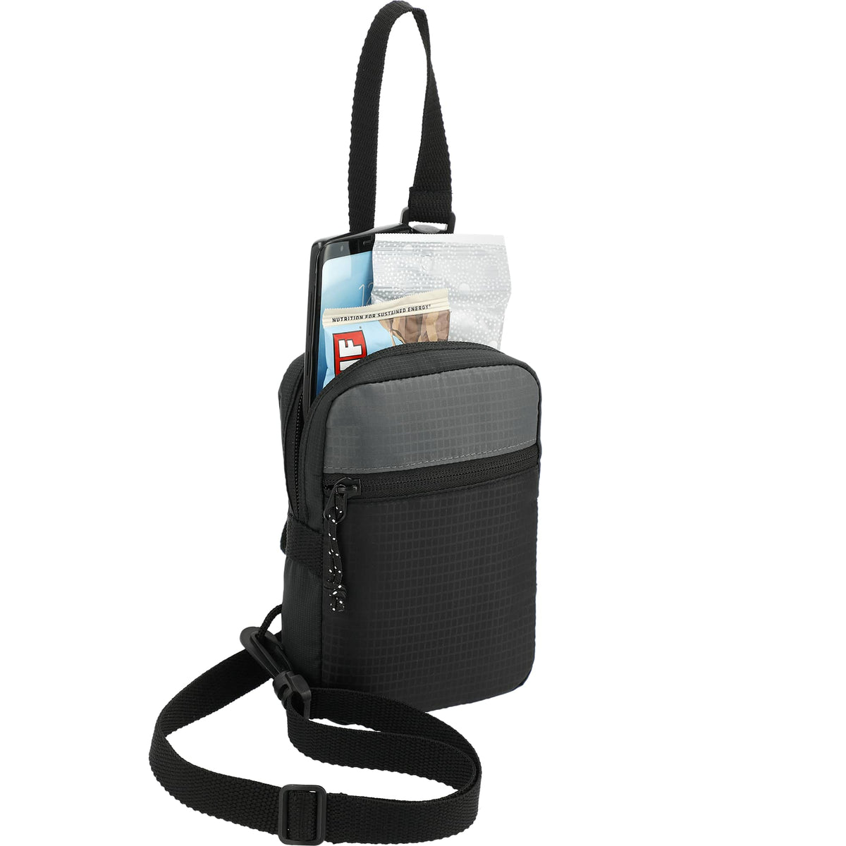Trailhead Crossbody Phone Pouch in Recycled Nylon Transfer - Black/Gray - Right Angle 4