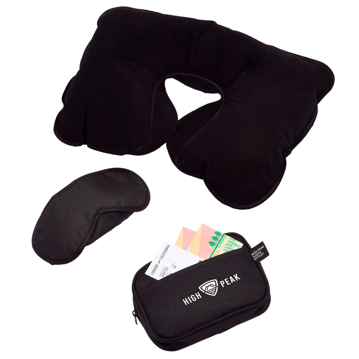 Travel Comfort Kit with Neck Pillow in Recycled Pouch - Black - Front