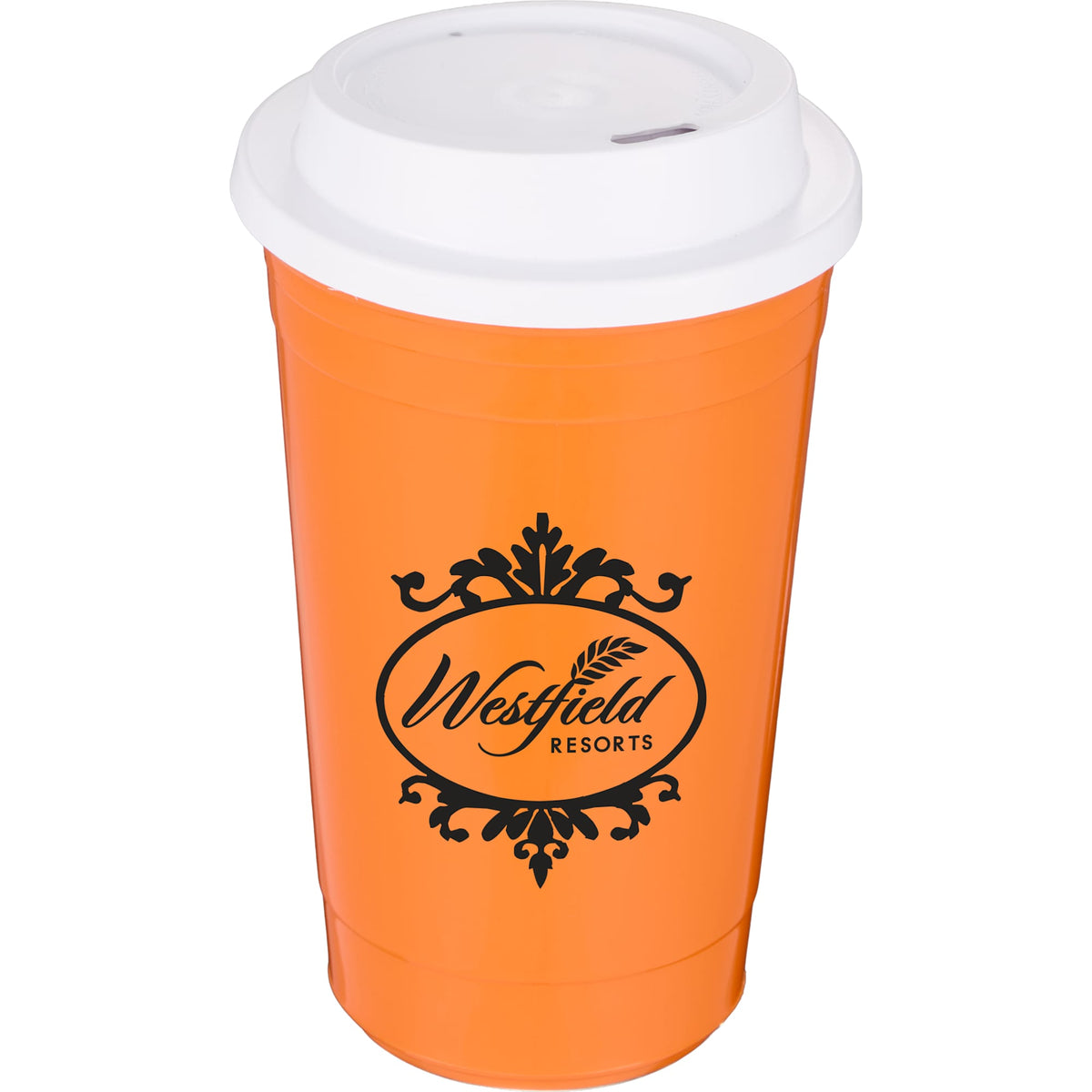 Traveler Double-Wall Coffee Cup with Sip-Through Lid, 16 oz - Orange - Front