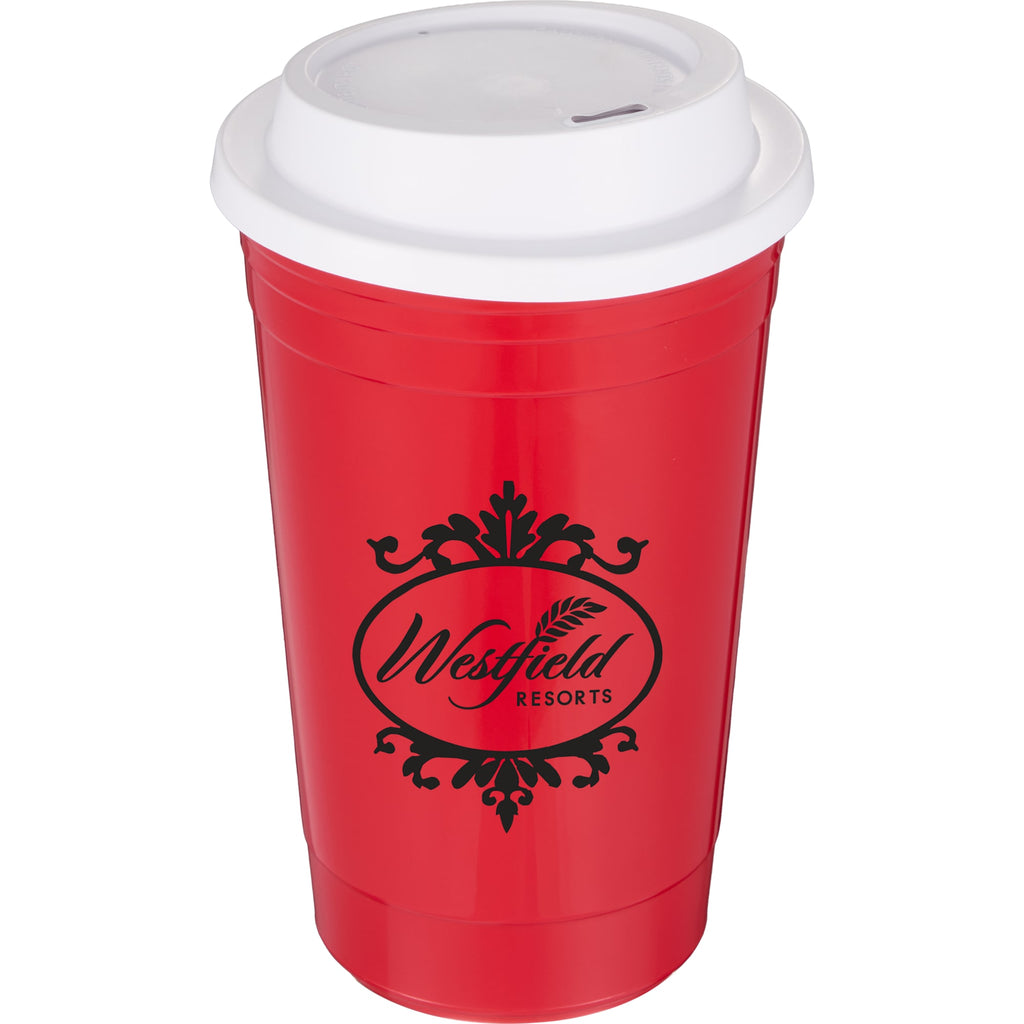 Traveler Double-Wall Coffee Cup with Sip-Through Lid, 16 oz - Red - Front