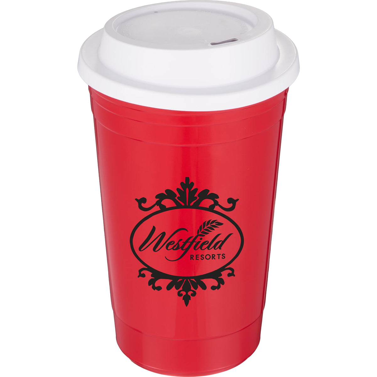 Traveler Double-Wall Coffee Cup with Sip-Through Lid, 16 oz - Red - Front