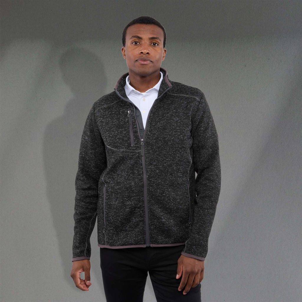 Tremblant Sweater Knit Full Zip Jacket for Men Embroidery - Black Smoke Heather - Front On Model