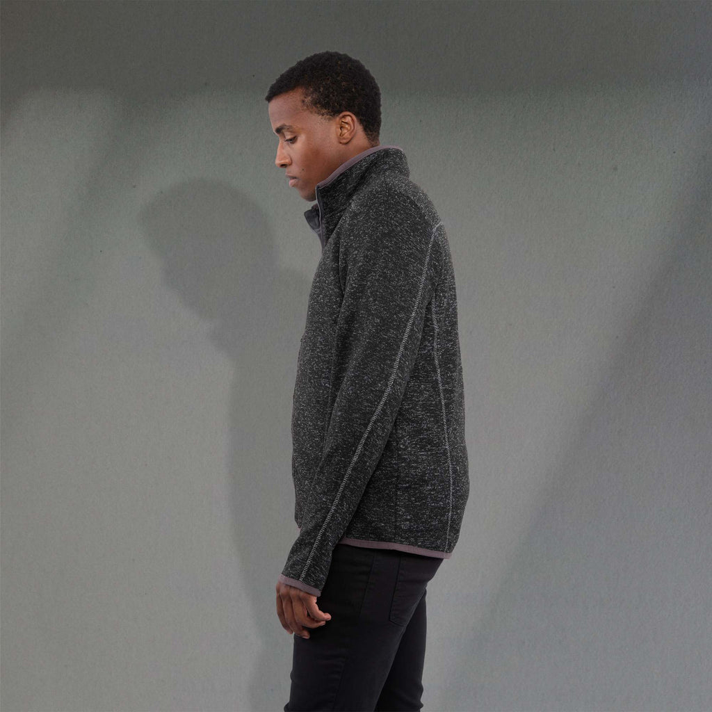 Tremblant Sweater Knit Full Zip Jacket for Men Embroidery - Black Smoke Heather - Left Side On Model