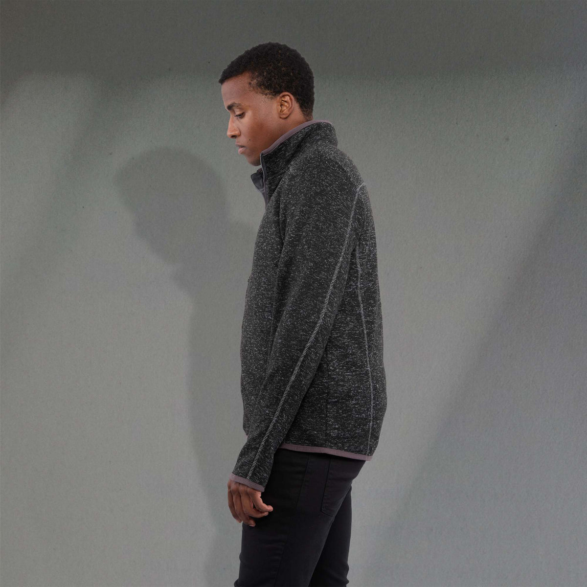 Tremblant Sweater Knit Full Zip Jacket for Men Embroidery - Black Smoke Heather - Left Side On Model