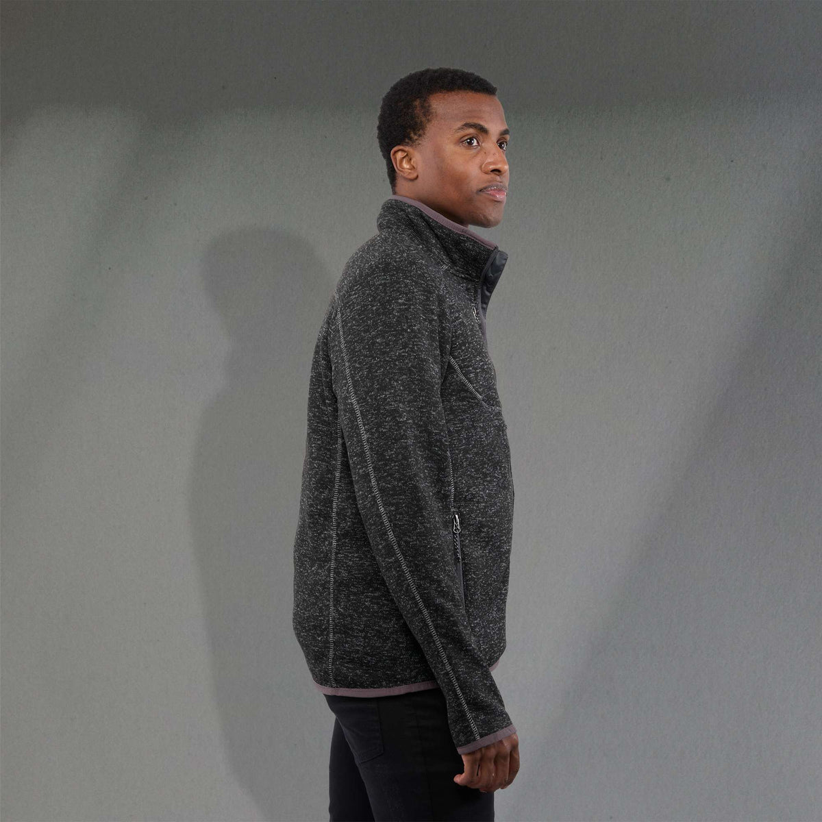 Tremblant Sweater Knit Full Zip Jacket for Men Embroidery - Black Smoke Heather - Right Side On Model