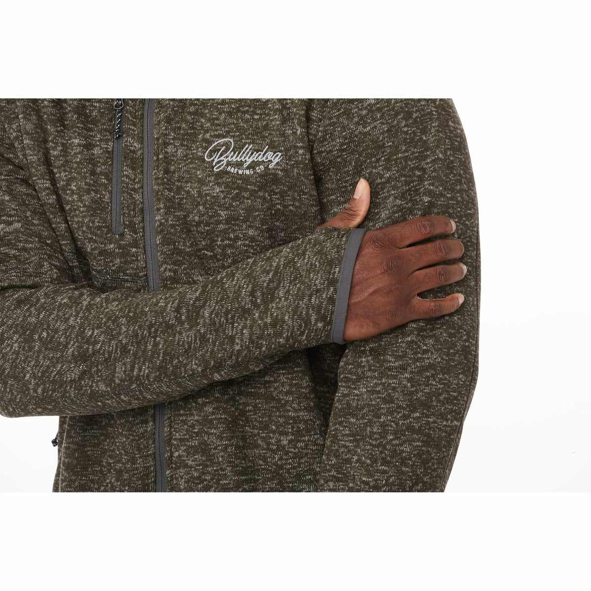 Tremblant Sweater Knit Full Zip Jacket for Men Embroidery - Loden Heather - On Model Detail 4