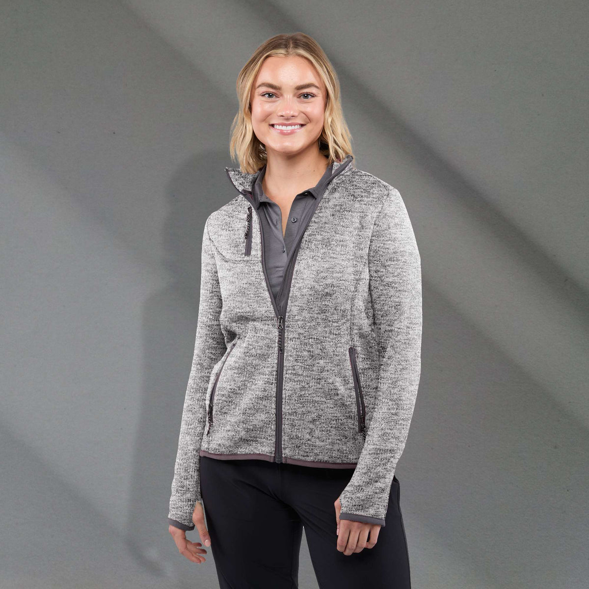 Tremblant Sweater Knit Full Zip Jacket for Women Embroidery - Light Heather Grey - Front On Model
