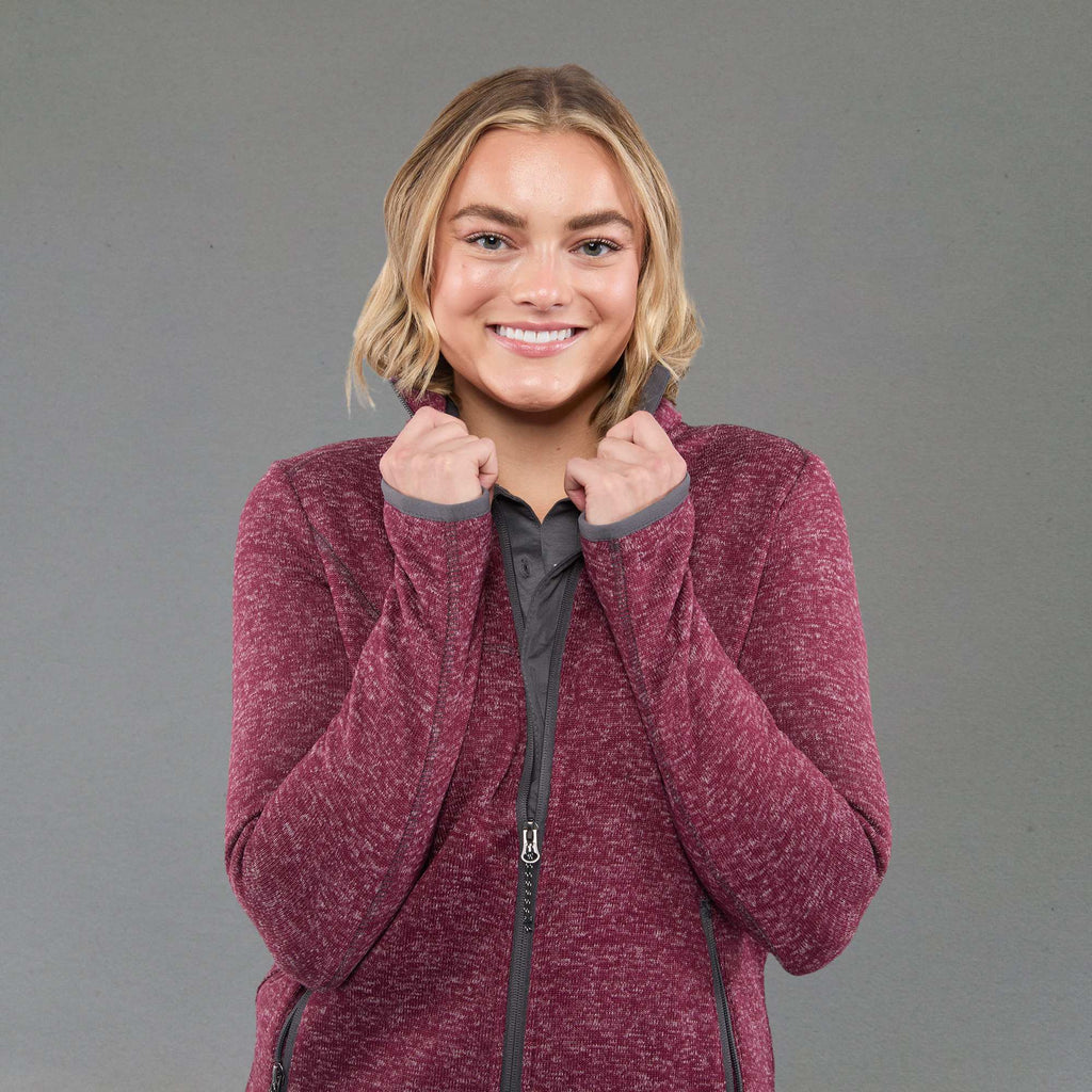 Tremblant Sweater Knit Full Zip Jacket for Women Embroidery - Maroon Heather - Front On Model 4