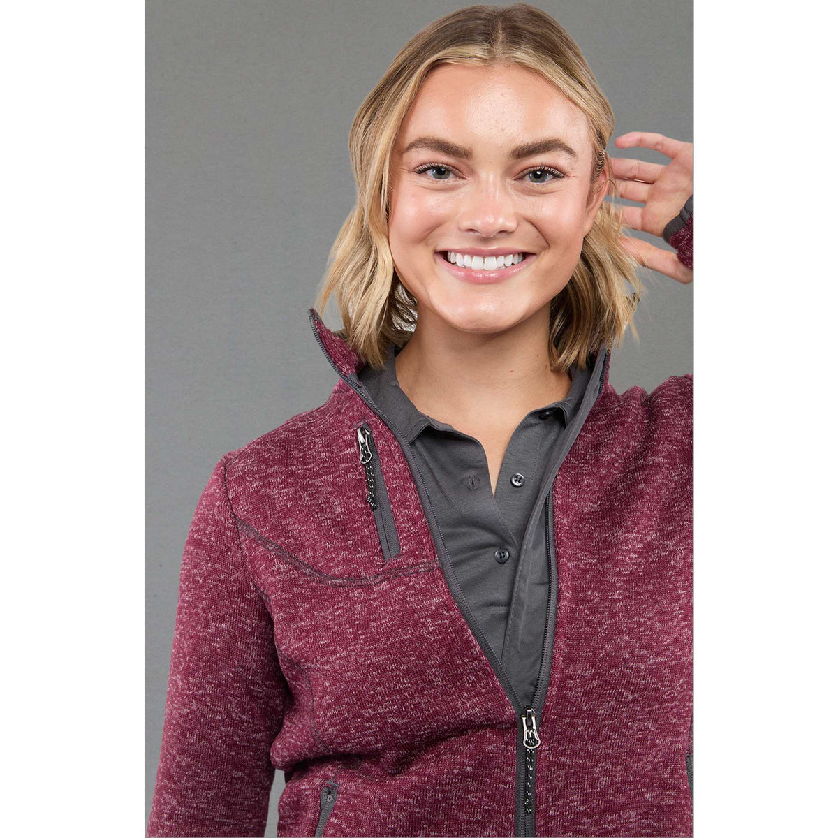 Tremblant Sweater Knit Full Zip Jacket for Women Embroidery - Maroon Heather - Front On Model 5