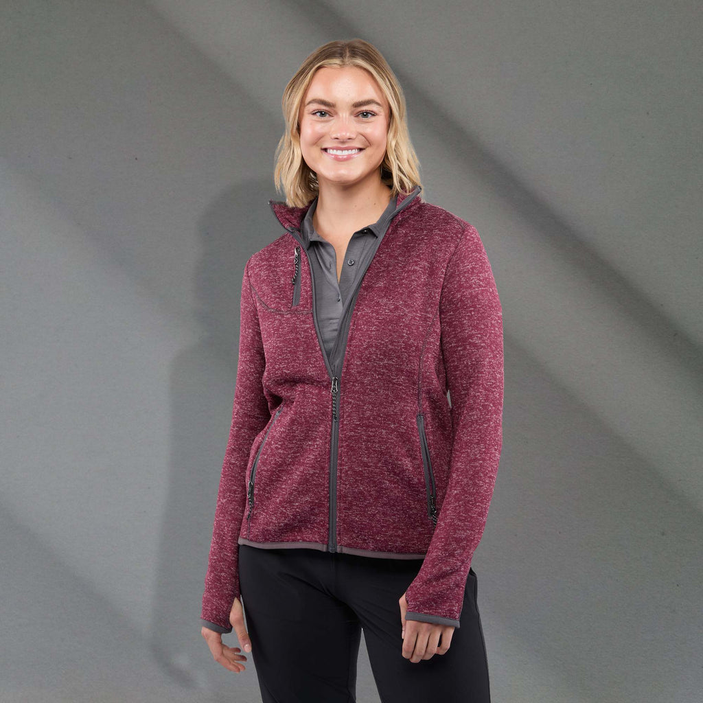 Tremblant Sweater Knit Full Zip Jacket for Women Embroidery - Maroon Heather - Front On Model 7