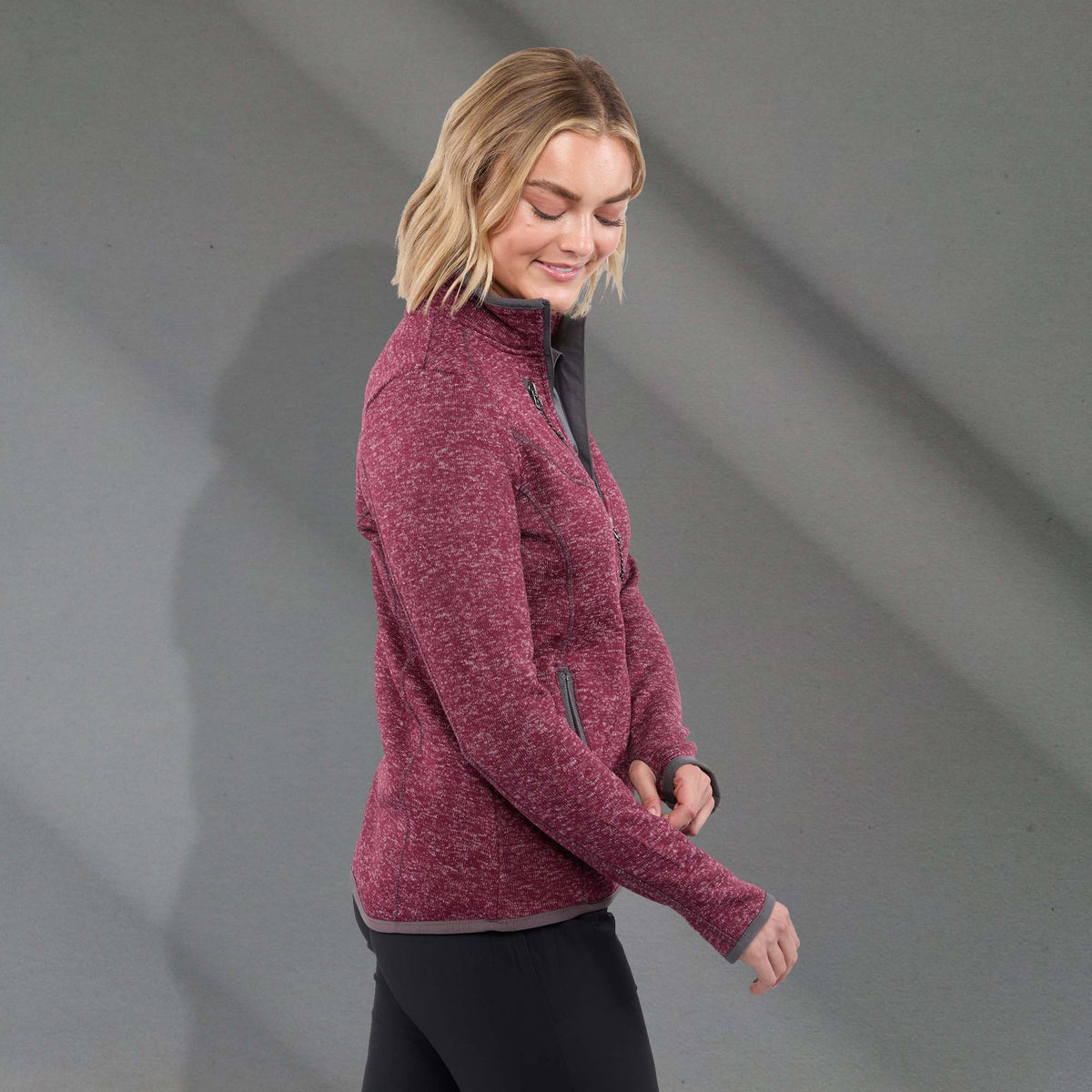 Tremblant Sweater Knit Full Zip Jacket for Women Embroidery - Maroon Heather - Right Side On Model