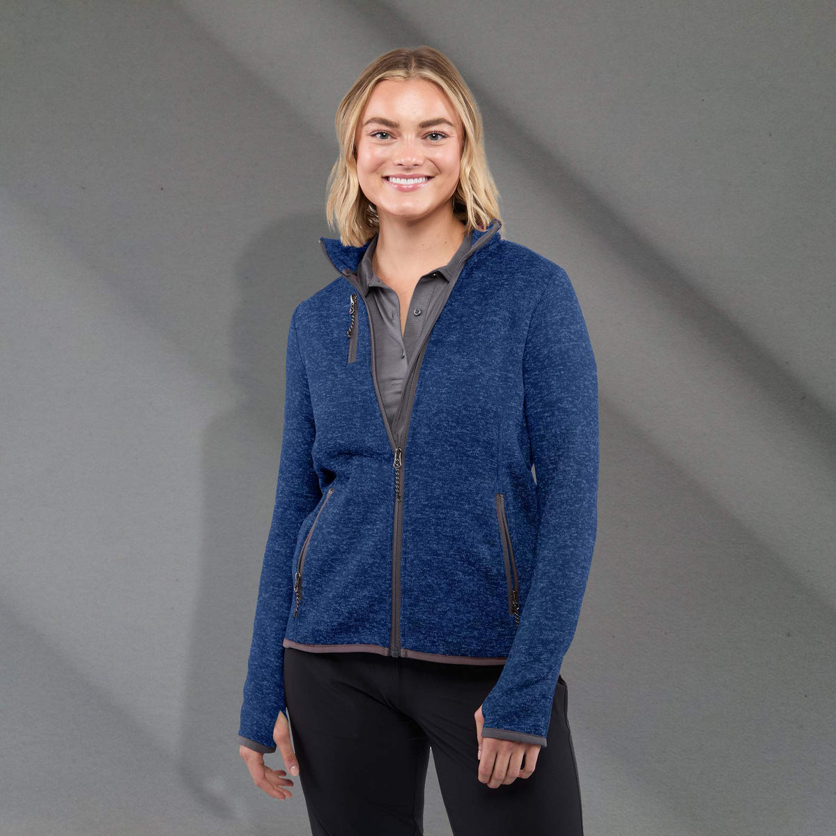 Tremblant Sweater Knit Full Zip Jacket for Women Embroidery - Metro Blue Heather - Front On Model