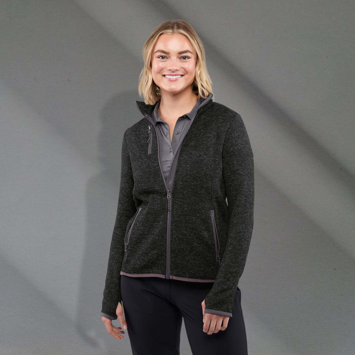 Tremblant Sweater Knit Full Zip Jacket for Women Transfer - Black Smoke Heather - Front On Model