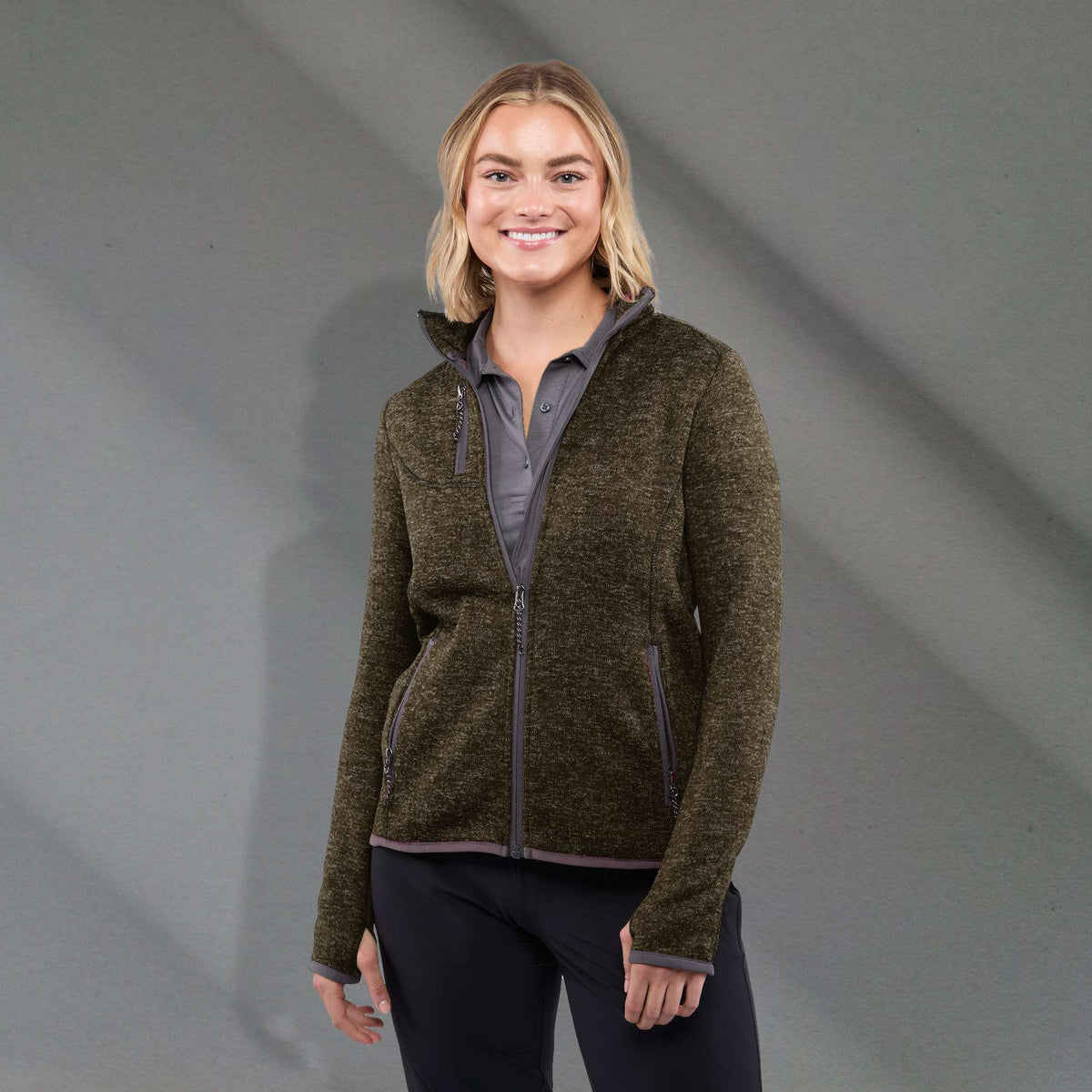 Tremblant Sweater Knit Full Zip Jacket for Women Transfer - Loden Heather - Front On Model