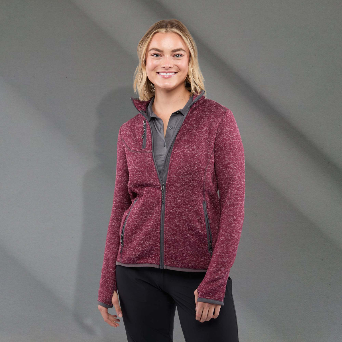 Tremblant Sweater Knit Full Zip Jacket for Women Transfer - Maroon Heather - Front On Model 7