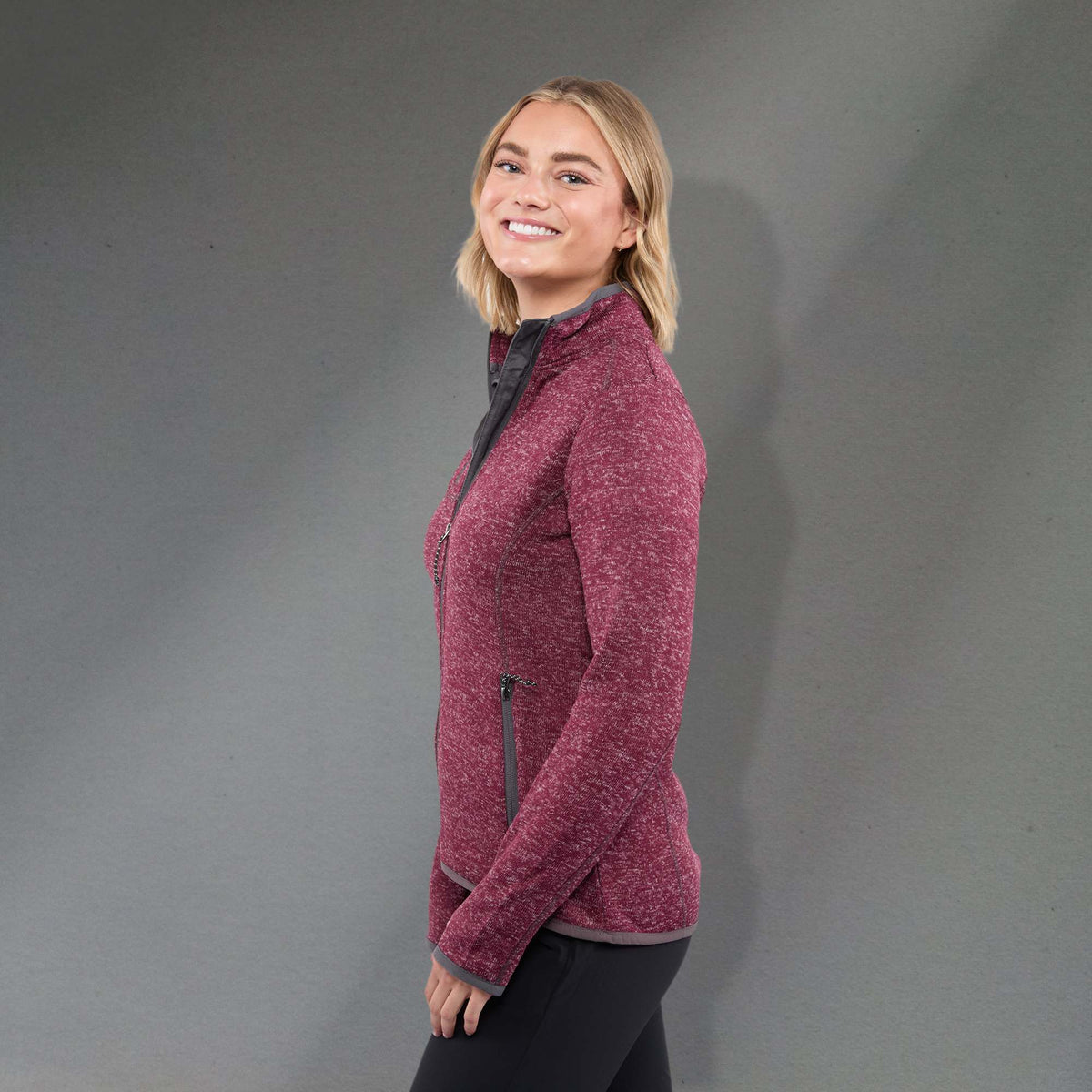 Tremblant Sweater Knit Full Zip Jacket for Women Transfer - Maroon Heather - Left Side On Model
