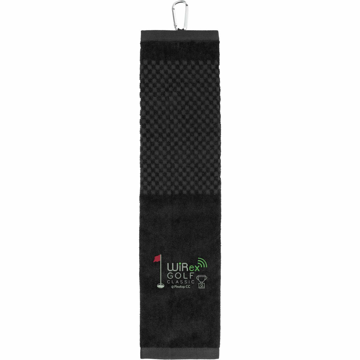 Tri-Fold Cotton Scrubber Golf Towel with Carabiner Embroidery - Black - Front