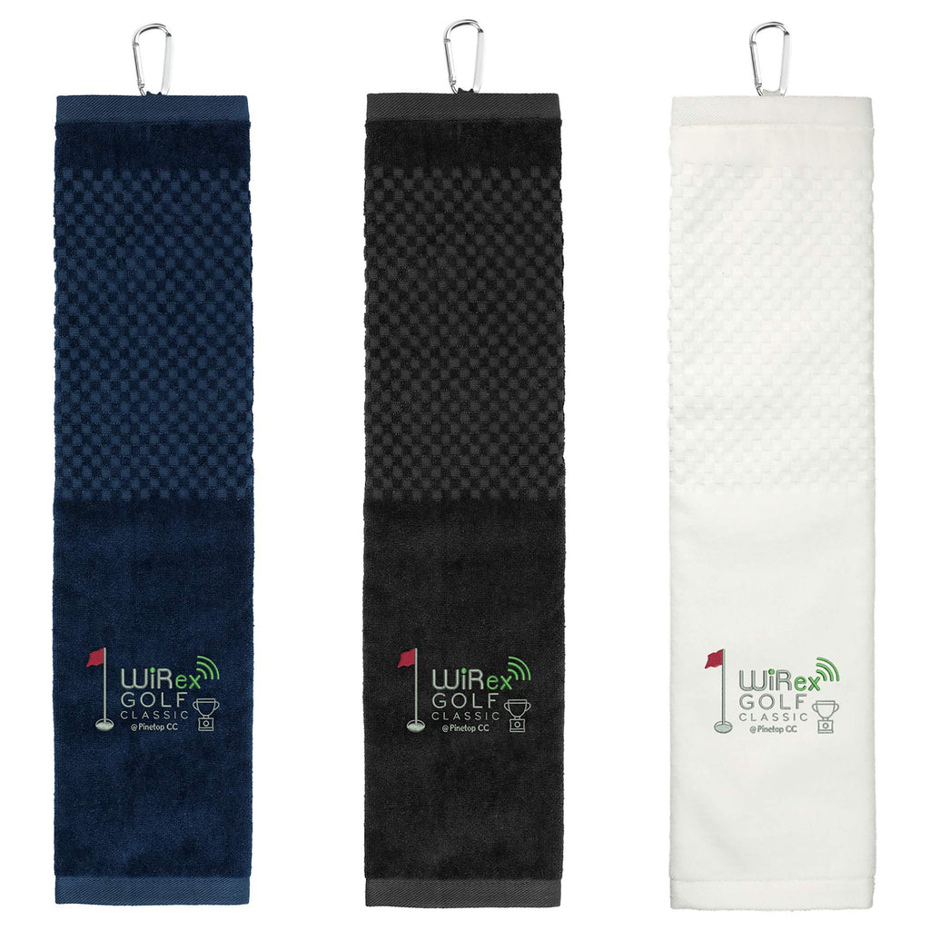 Tri-Fold Cotton Scrubber Golf Towel with Carabiner Embroidery - Navy - Front 2