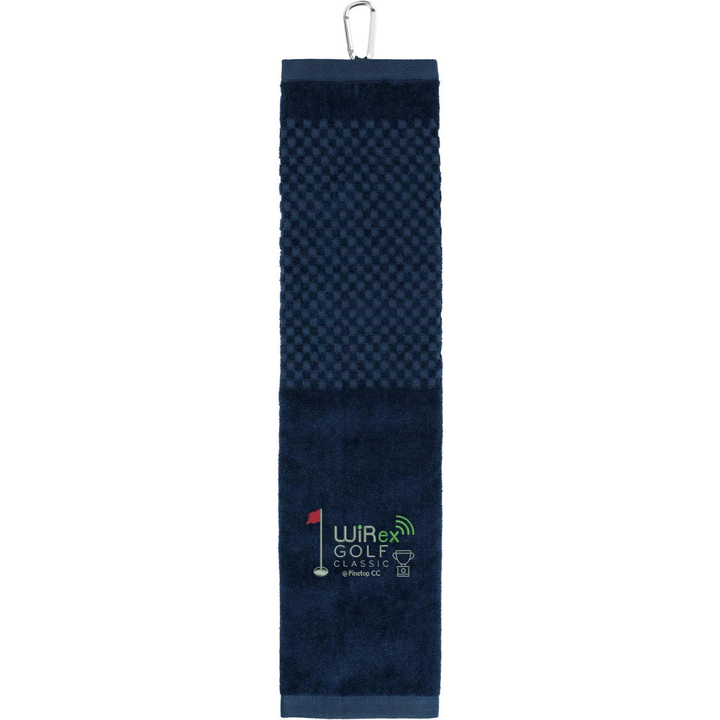 Tri-Fold Cotton Scrubber Golf Towel with Carabiner Embroidery - Navy - Front