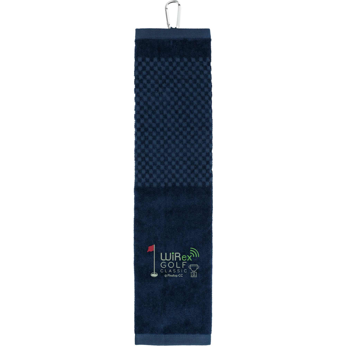 Tri-Fold Cotton Scrubber Golf Towel with Carabiner Embroidery - Navy - Front