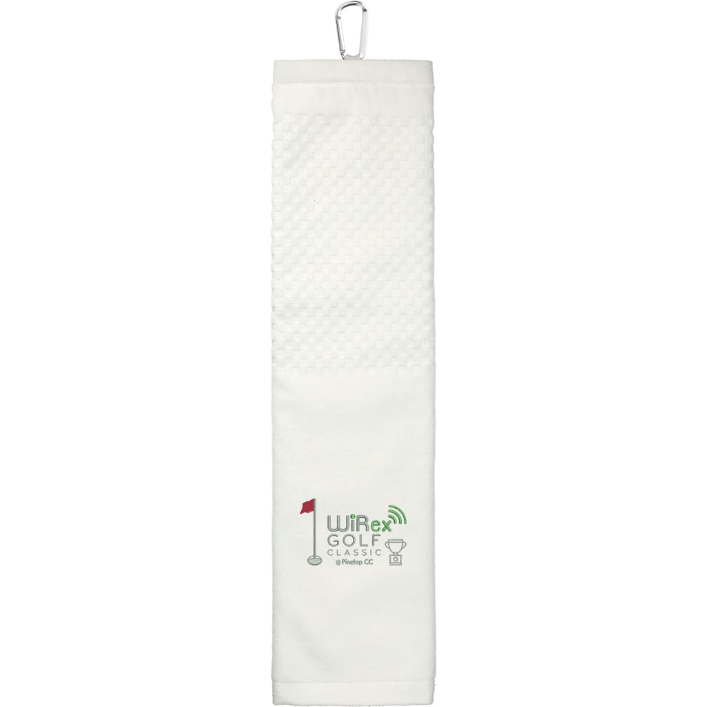 Tri-Fold Cotton Scrubber Golf Towel with Carabiner Embroidery - White - Front