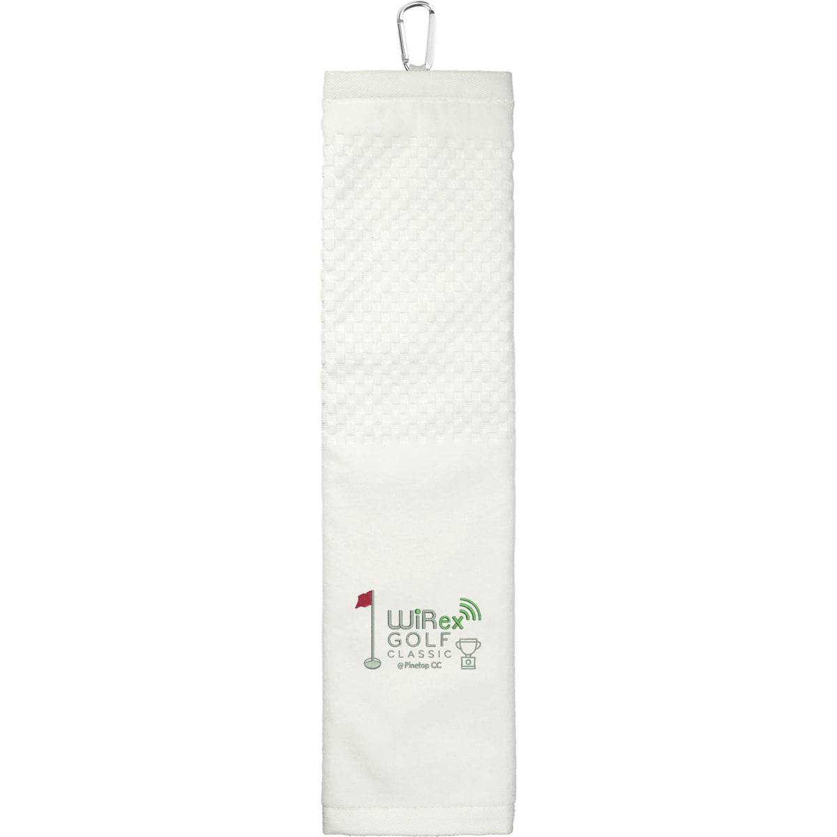 Tri-Fold Cotton Scrubber Golf Towel with Carabiner Embroidery - White - Front