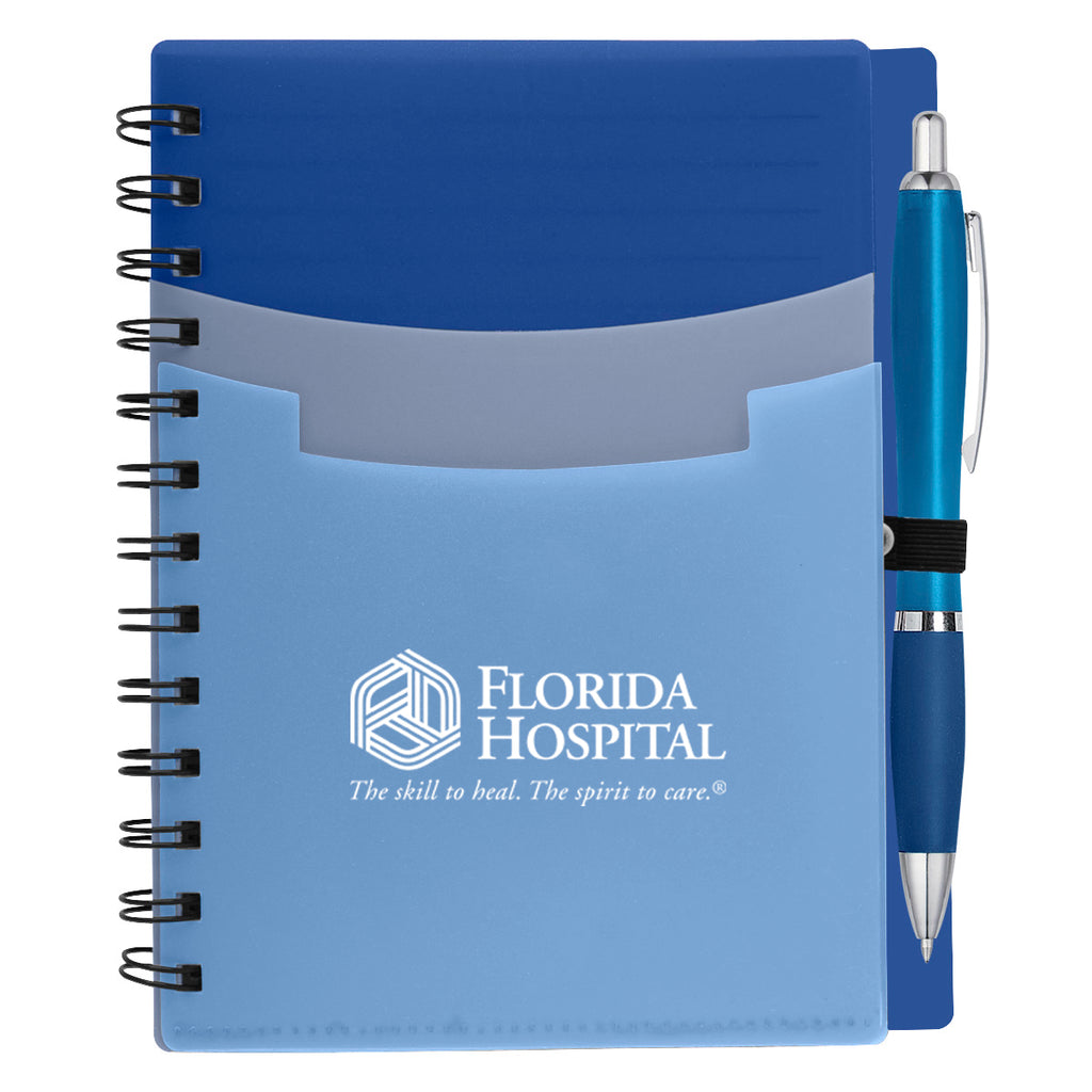 Tri-Pocket Notebook and Satin Pen - Blue - Silk Screen