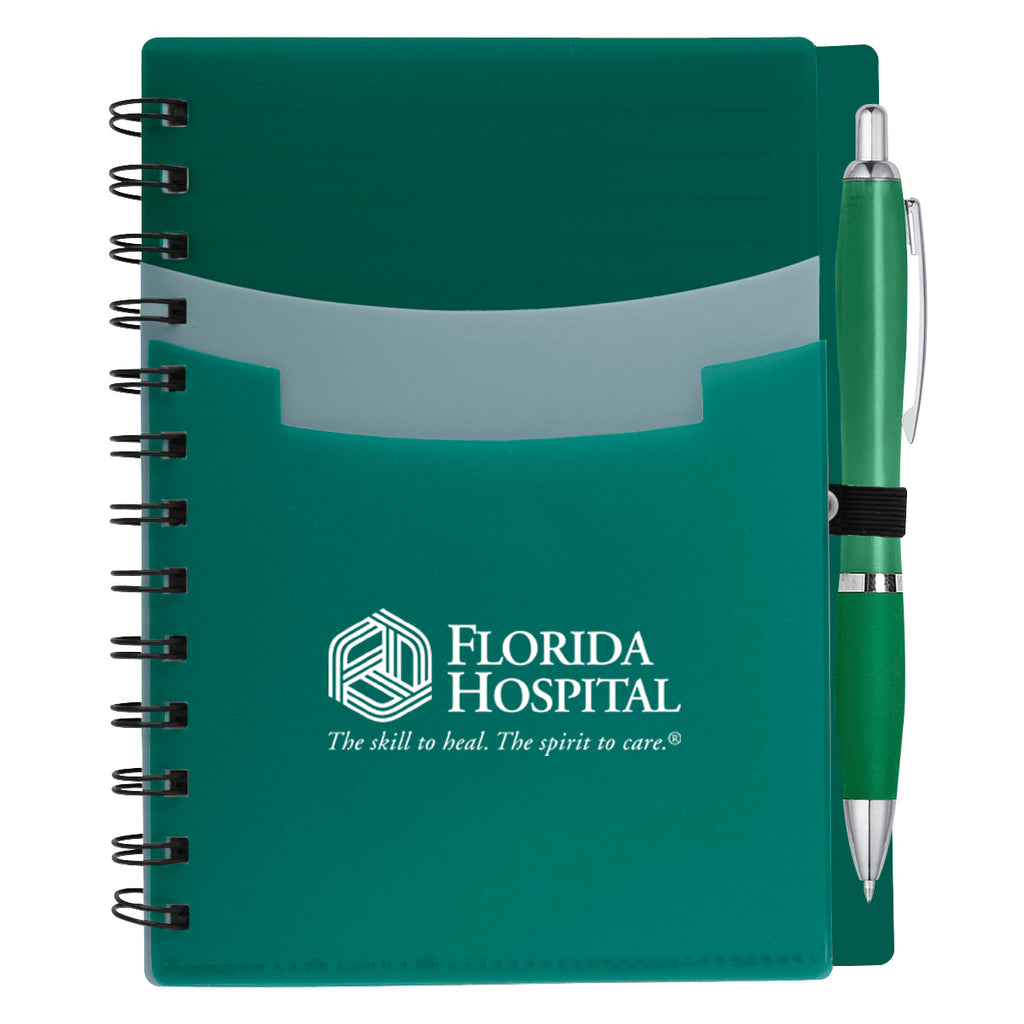 Tri-Pocket Notebook and Satin Pen - Green - Silk Screen