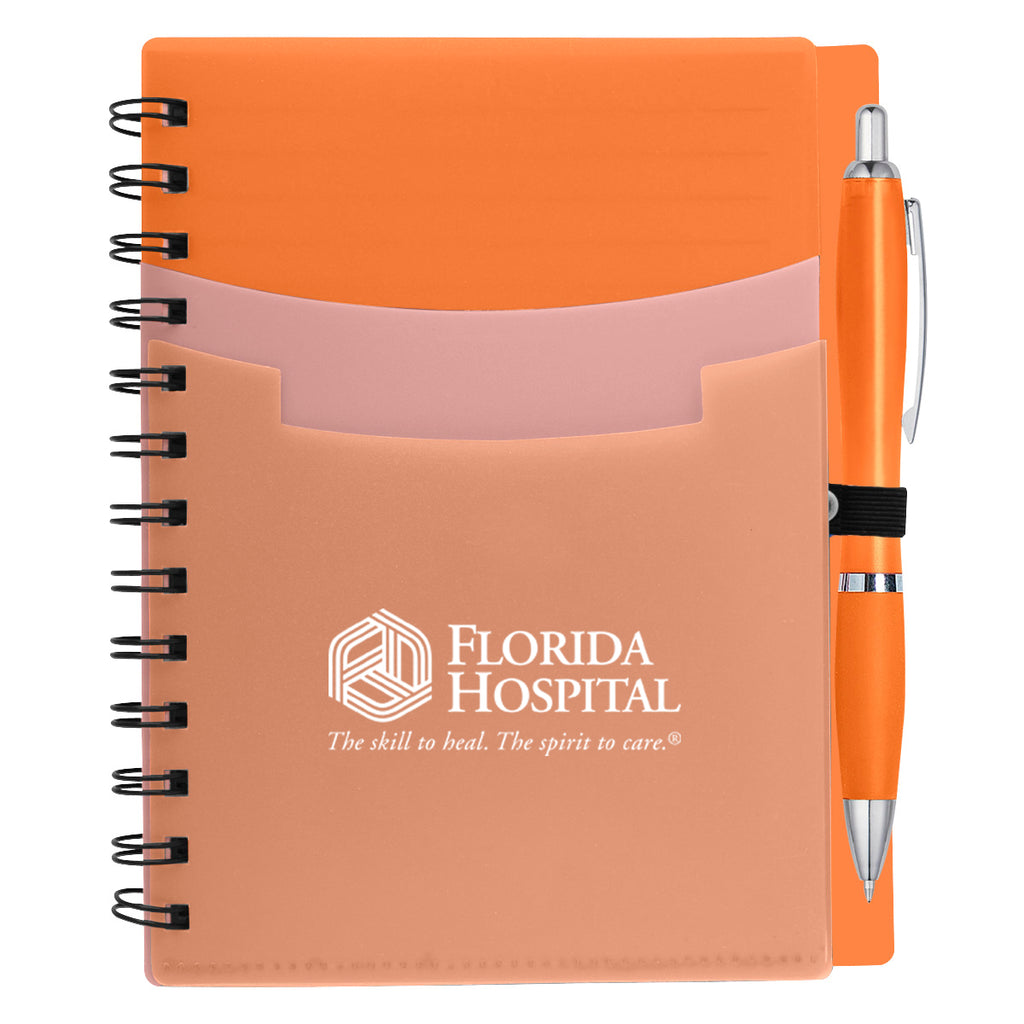 Tri-Pocket Notebook and Satin Pen - Orange - Silk Screen