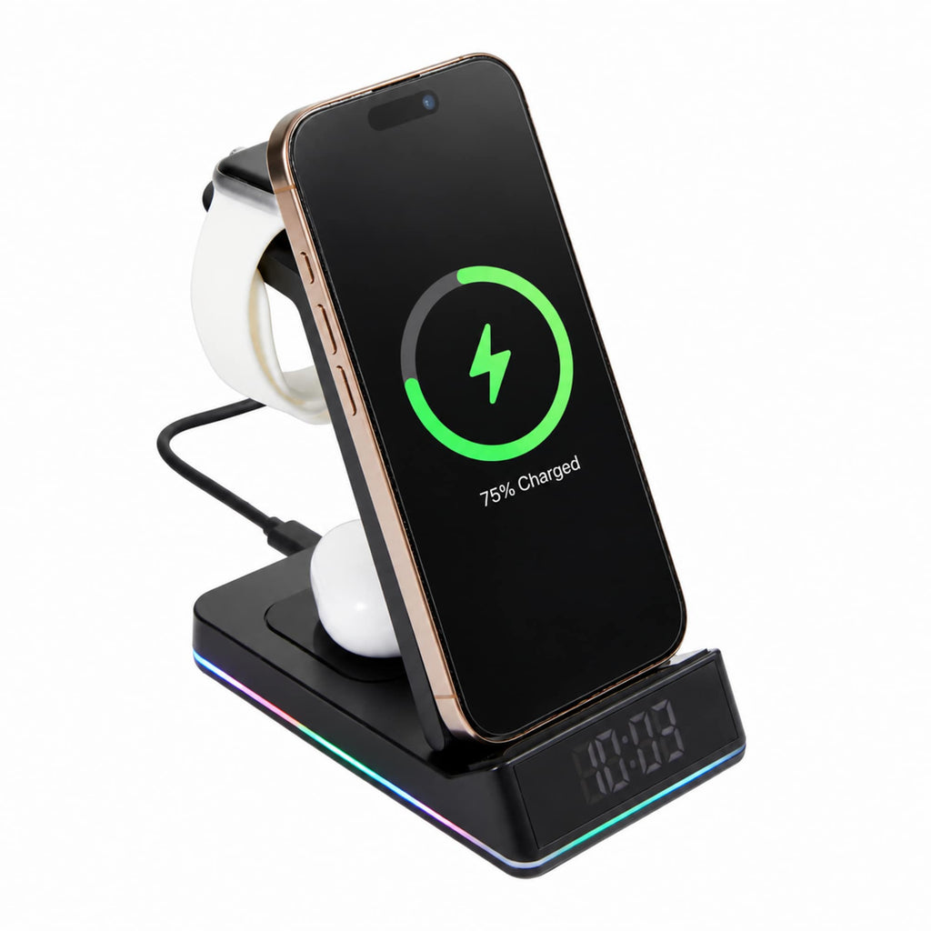 TriCharge Plus Wireless Charging Stand with Alarm Clock, 15W Full Color - Black - Detail 18