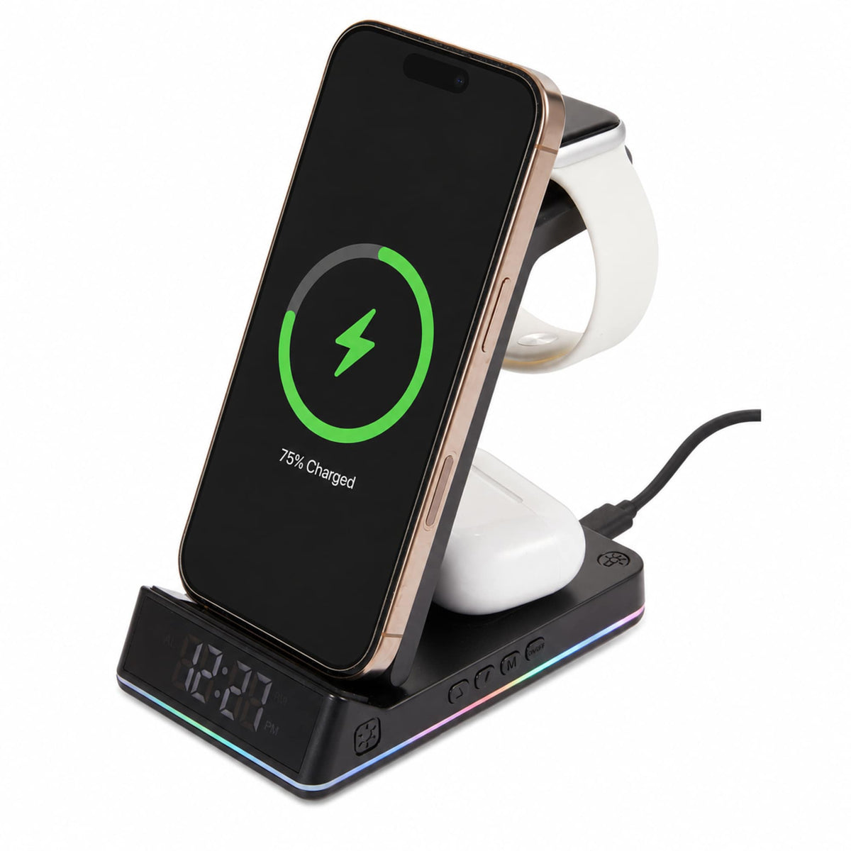 TriCharge Plus Wireless Charging Stand with Alarm Clock, 15W Full Color - Black - Detail