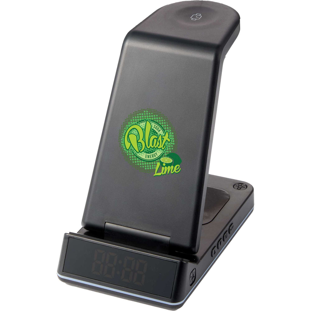 TriCharge Plus Wireless Charging Stand with Alarm Clock, 15W Full Color - Black - Front