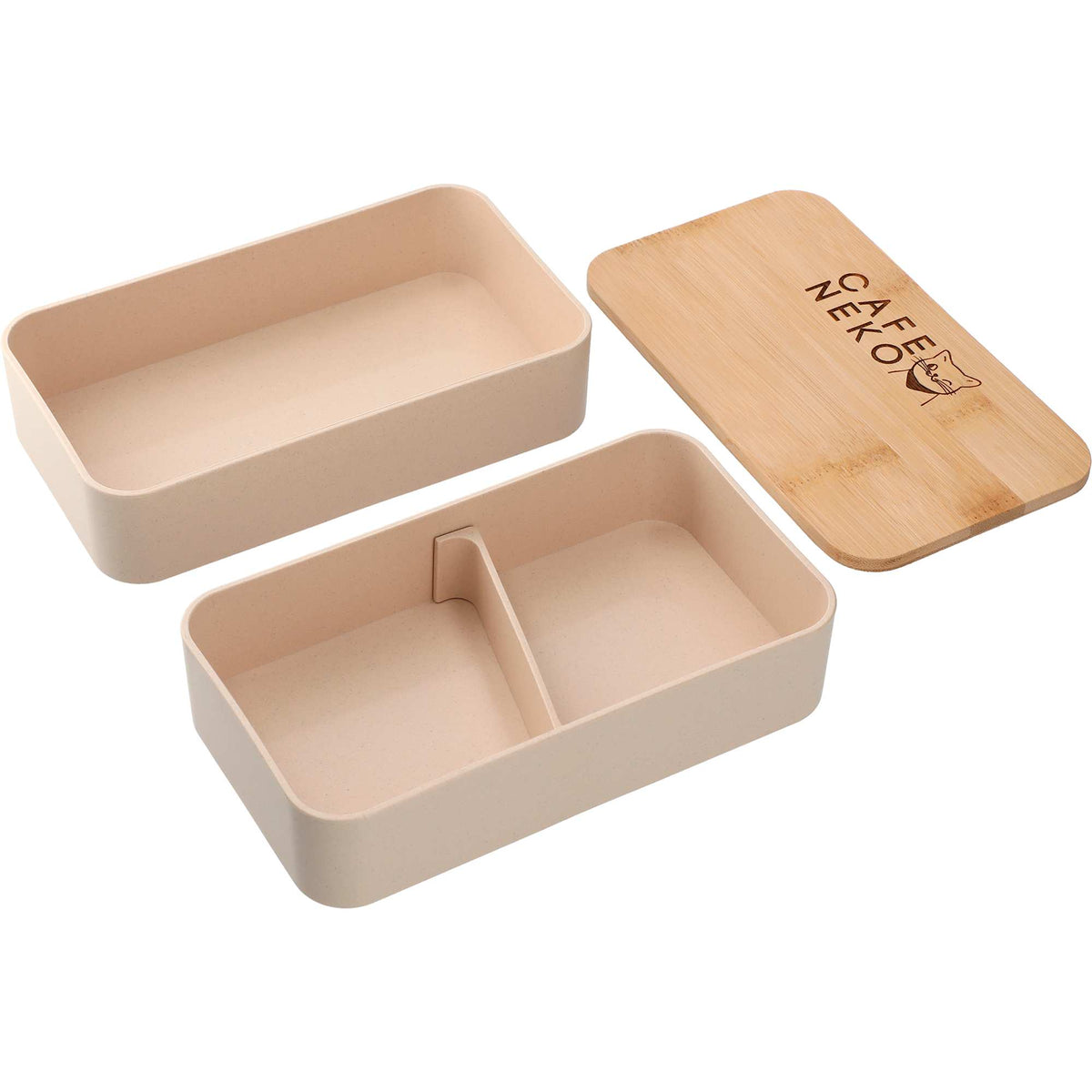 Two Tier Bamboo Fiber Bento Box with Utensil Storage Laser Engraving - Beige - Photo 2