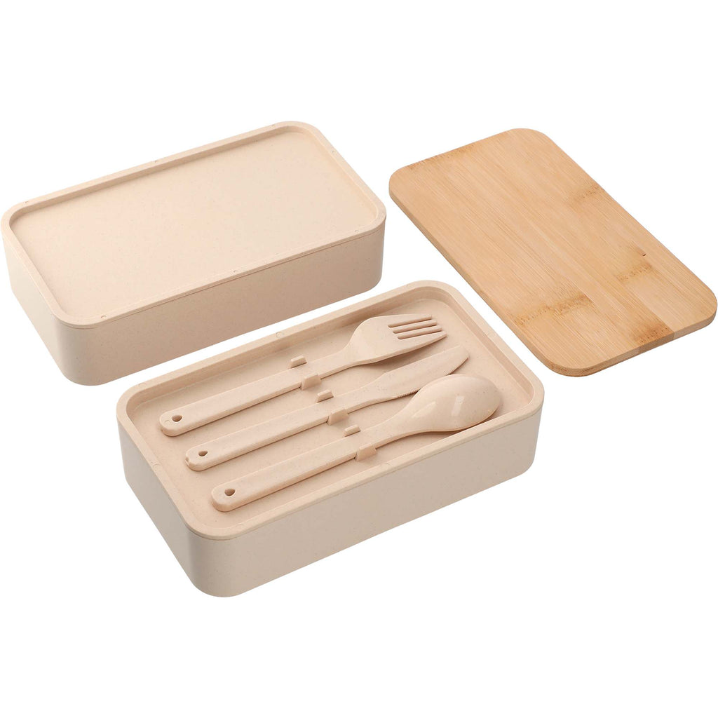 Two Tier Bamboo Fiber Bento Box with Utensil Storage Laser Engraving - Beige - Photo 3