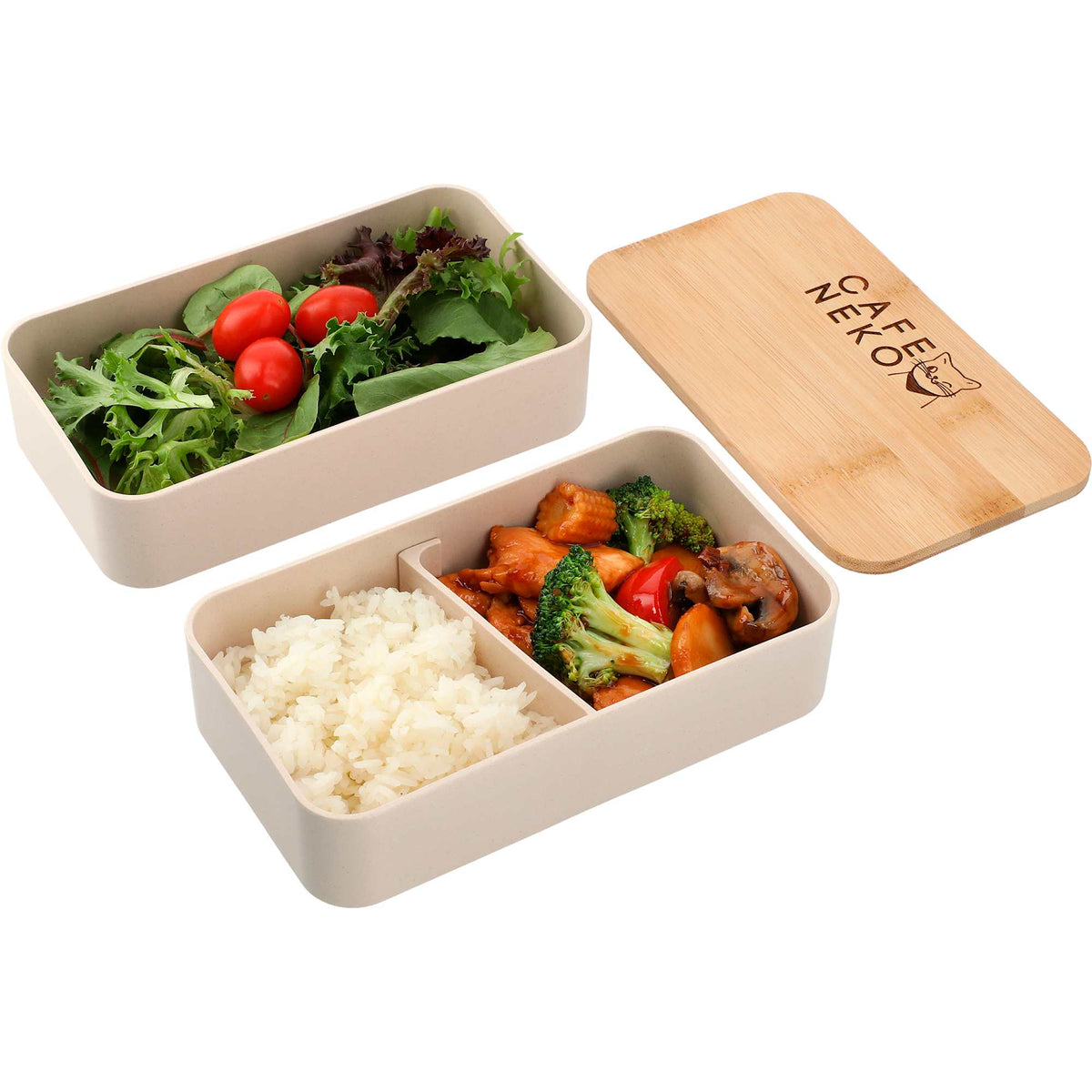 Two Tier Bamboo Fiber Bento Box with Utensil Storage Laser Engraving - Beige - Photo